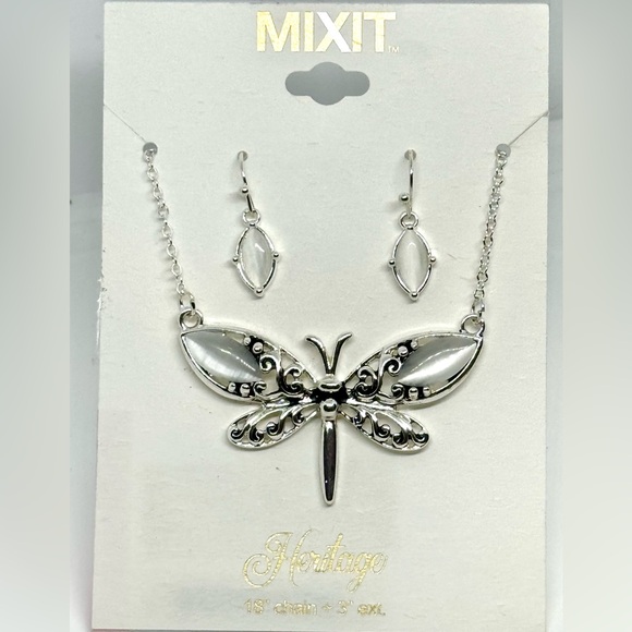 Mixit Silver Tone and Faux Mother of Pearl Dragonfly Pendant Necklace and Earrin - Picture 3 of 10
